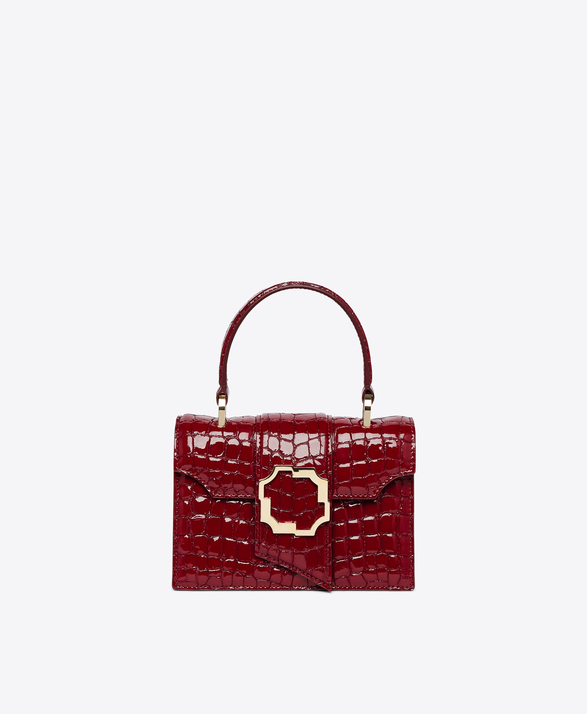 Women's Burgundy Embossed Patent Top Handle Bag with Crest Buckle