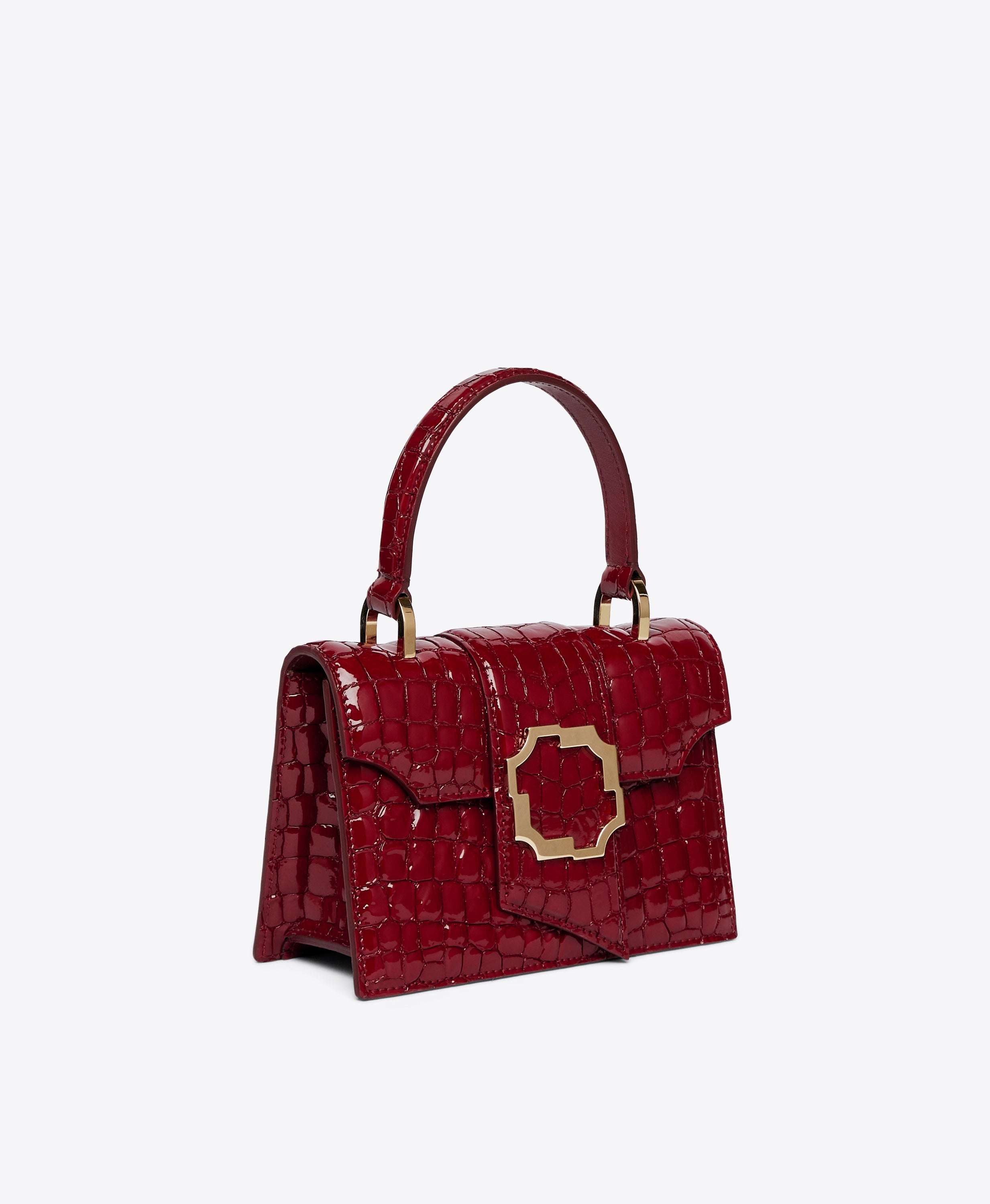 Women's Burgundy Embossed Patent Top Handle Bag with Crest Buckle