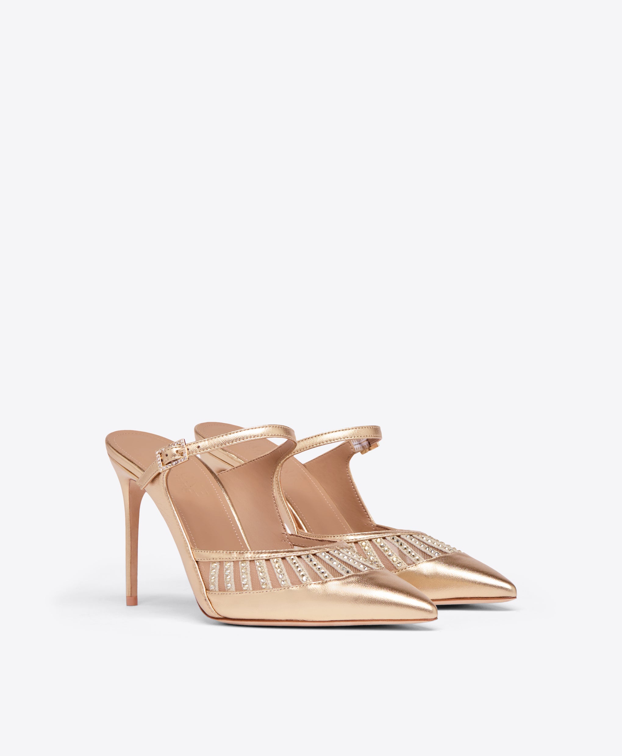 Gold Metallic Leather with Mesh Heeled Mules Malone Souliers