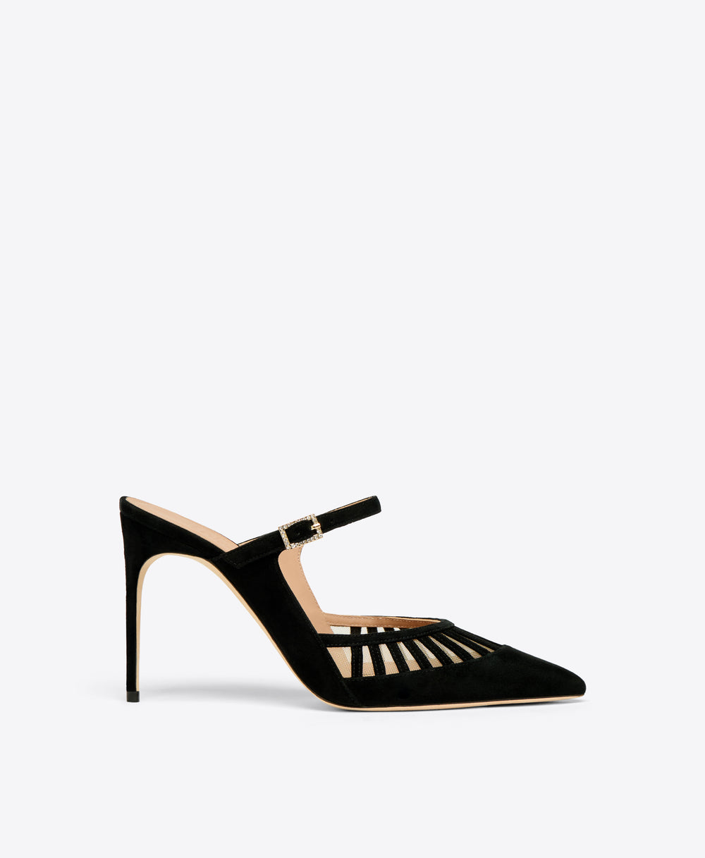 Black Suede with Mesh Heeled Mules Malone Souliers