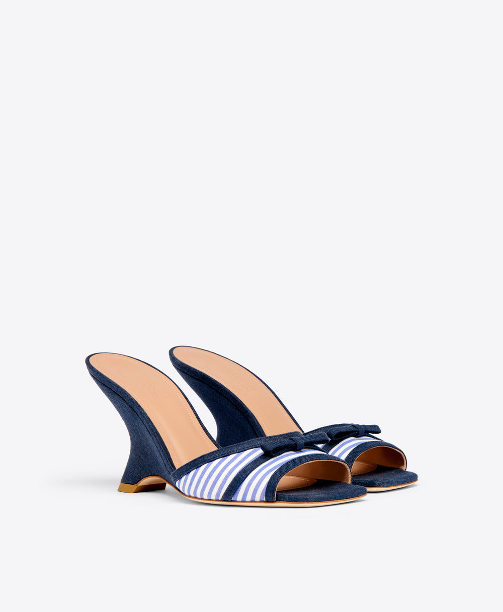 Navy Striped Cotton Wedge Sandals Malone Souliers