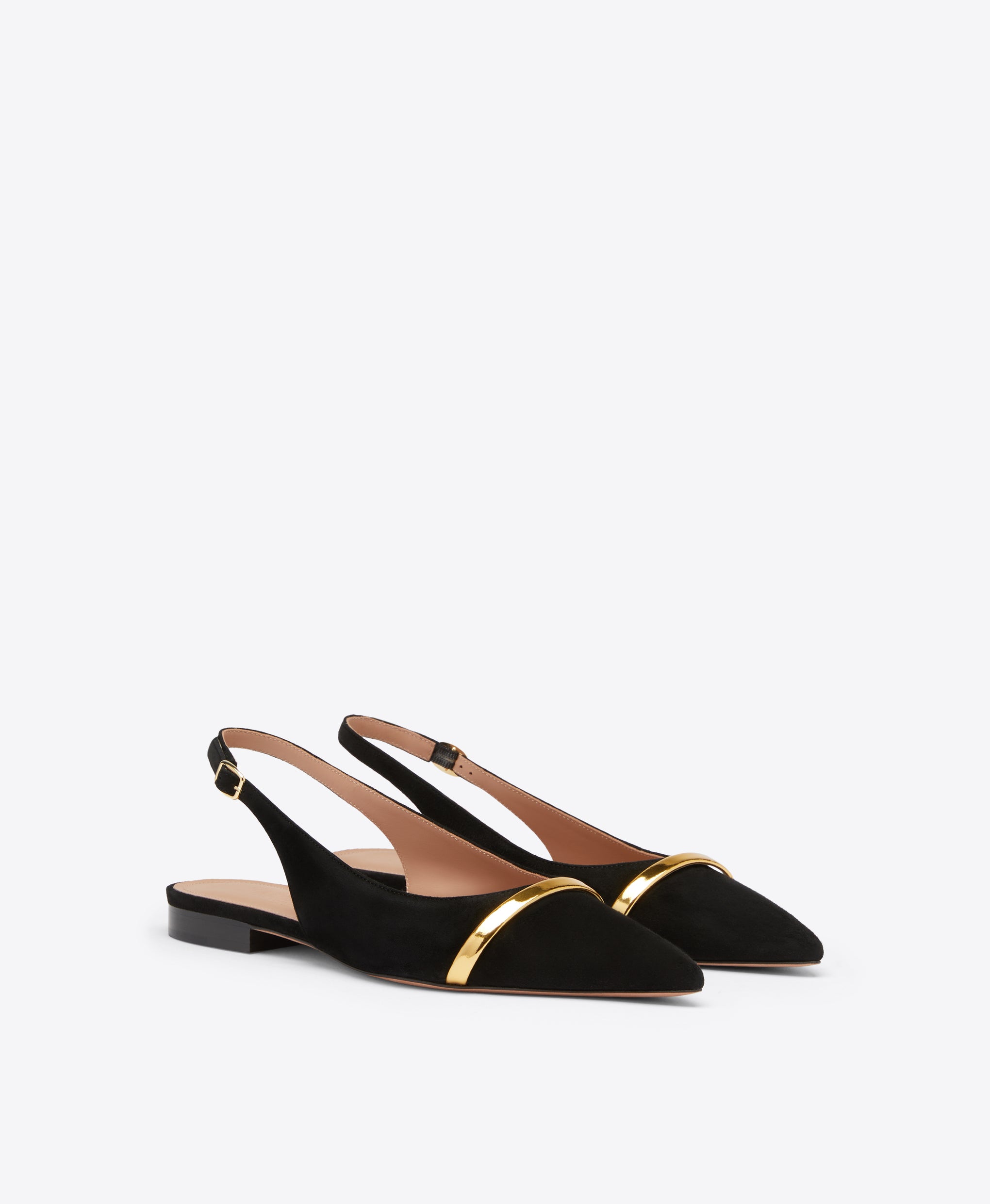 Jama Black Suede Flat Slingbacks with Gold Strap Malone Souliers