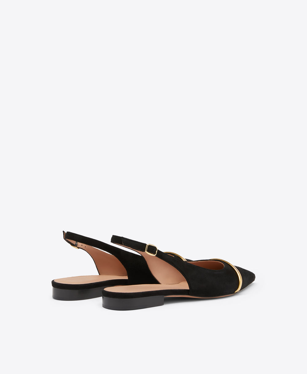 Jama Black Suede Flat Slingbacks with Gold Strap Malone Souliers