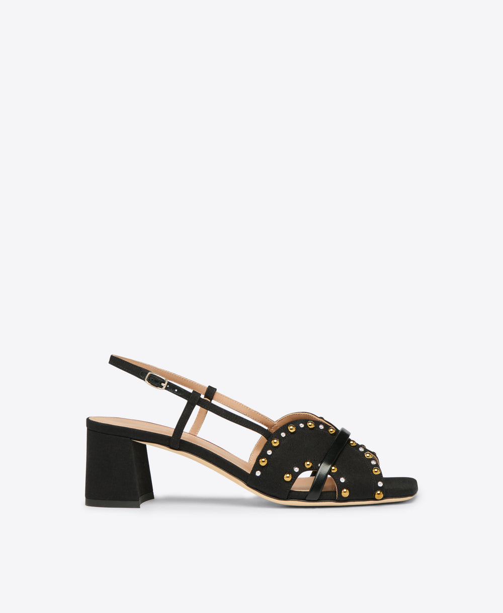 Black Linen Kitten Heel Sandals Malone Souliers