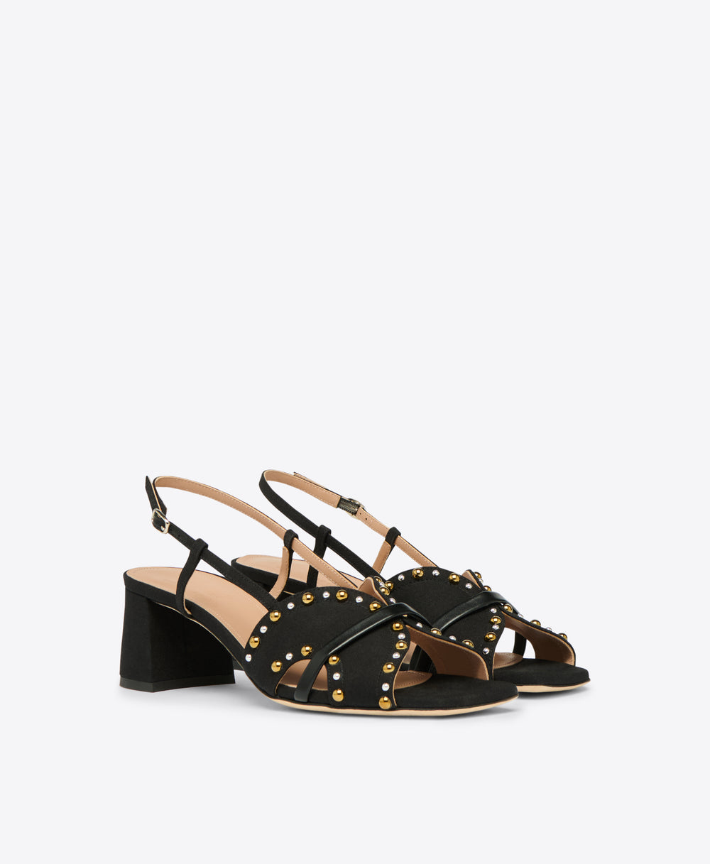 Black Linen Kitten Heel Sandals Malone Souliers