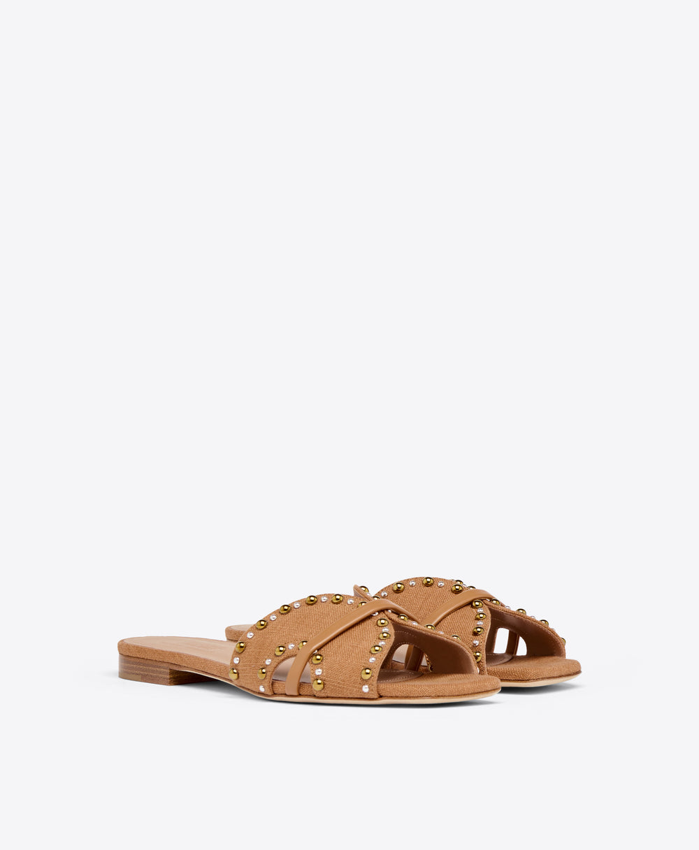 Brown Linen Flat Sandals Malone Souliers