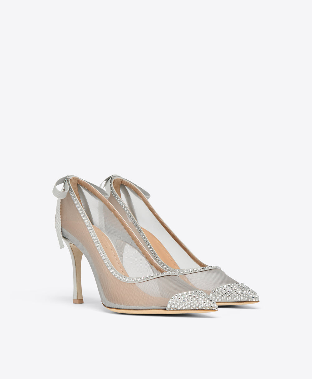 Silver Mesh Satin Heeled Pumps with Crystals Malone Souliers