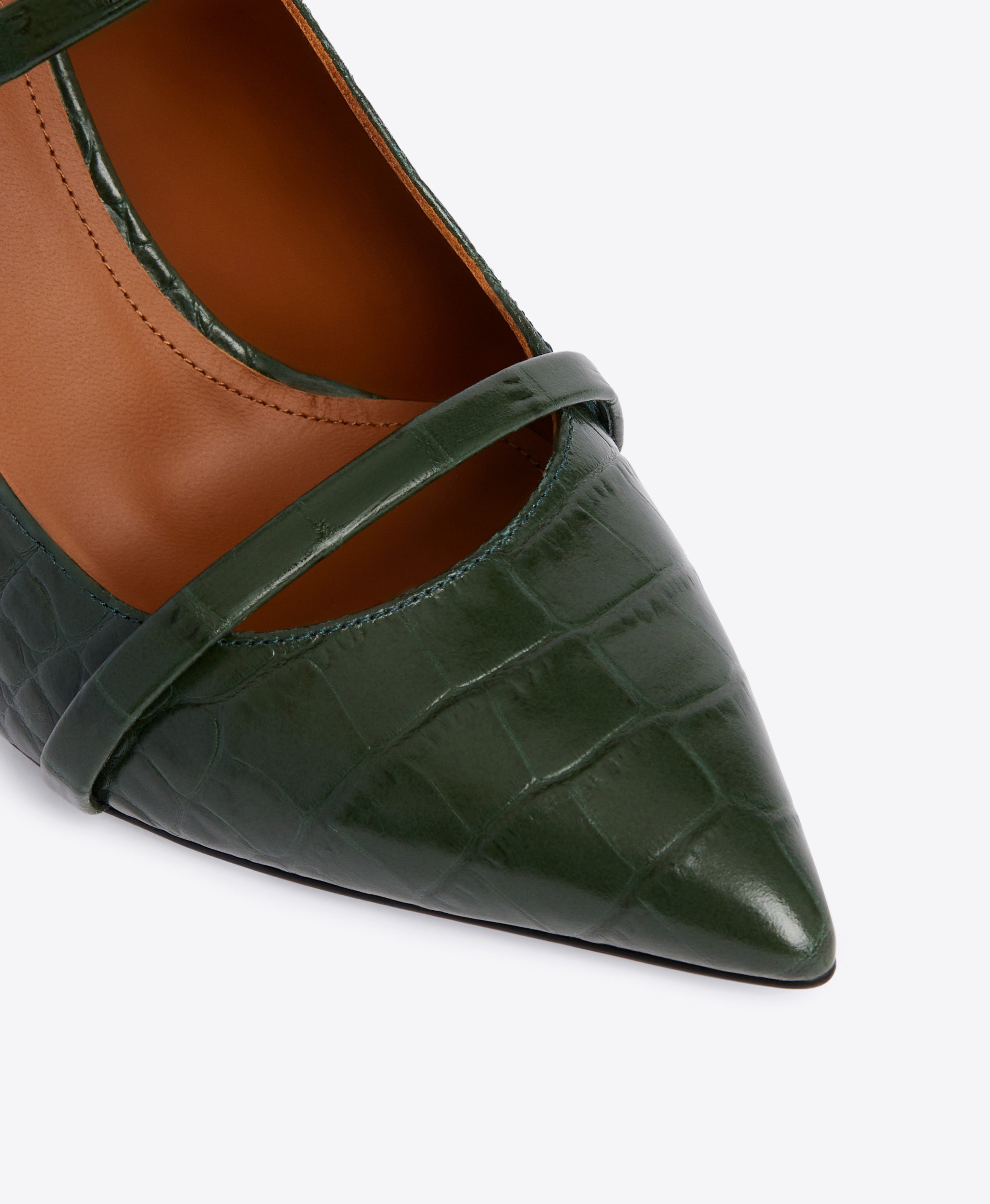 Double Strap Mules in Pine Green Pointed Toe on Stiletto