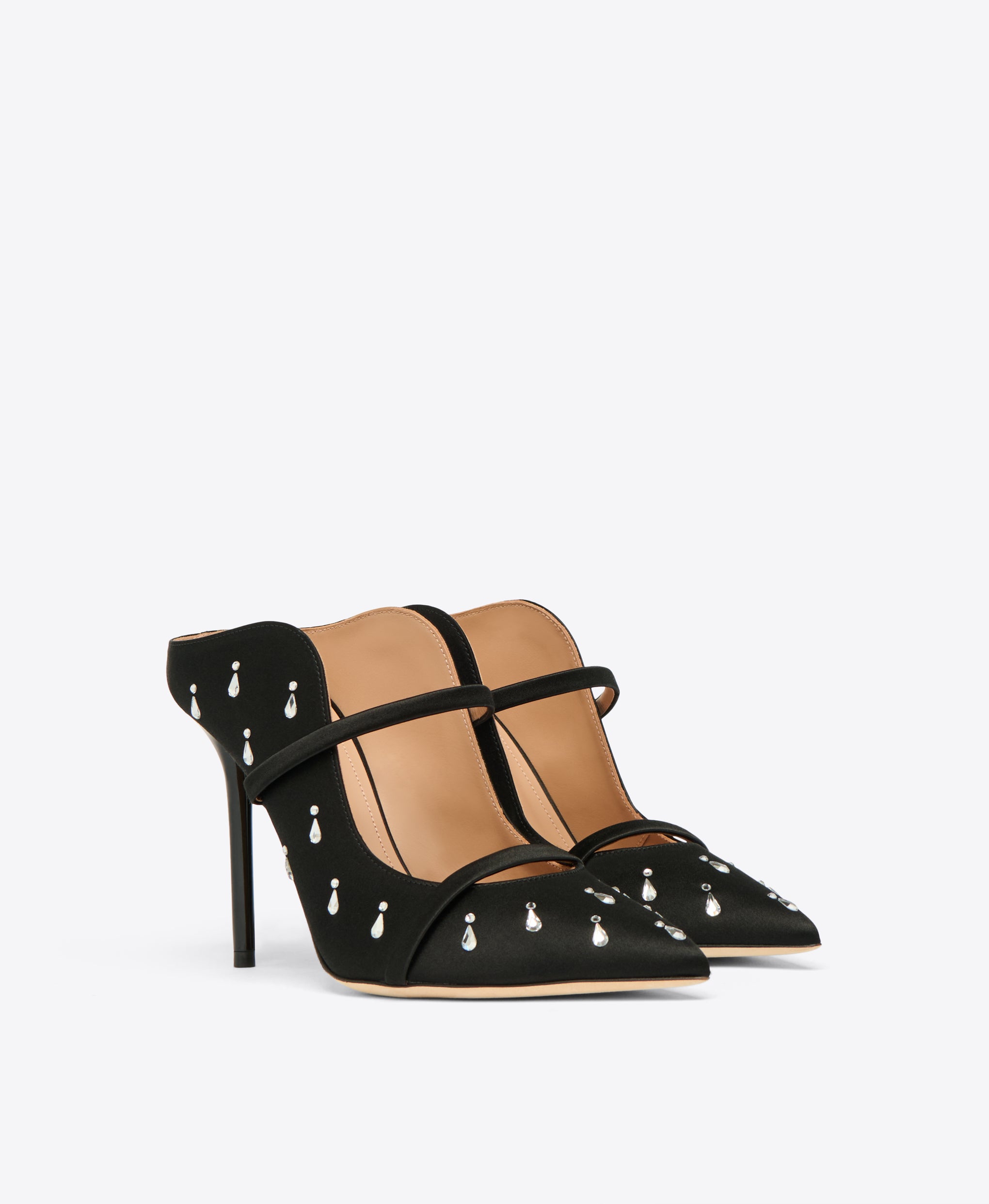 Black Satin Crystal Embellished Heeled Mules Malone Souliers