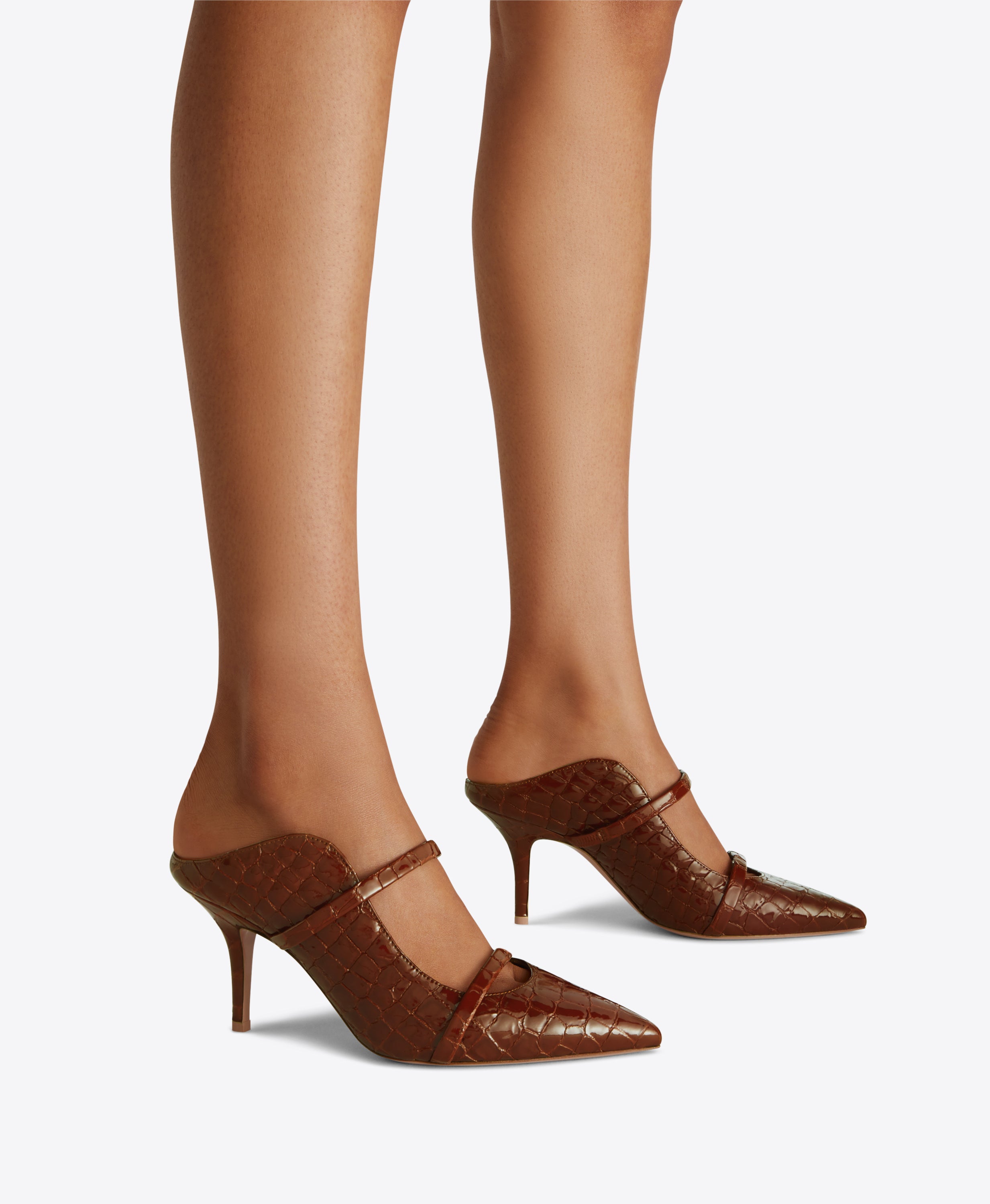 Double Strap Brown Embossed Patent Stiletto Mules Pointed Toe