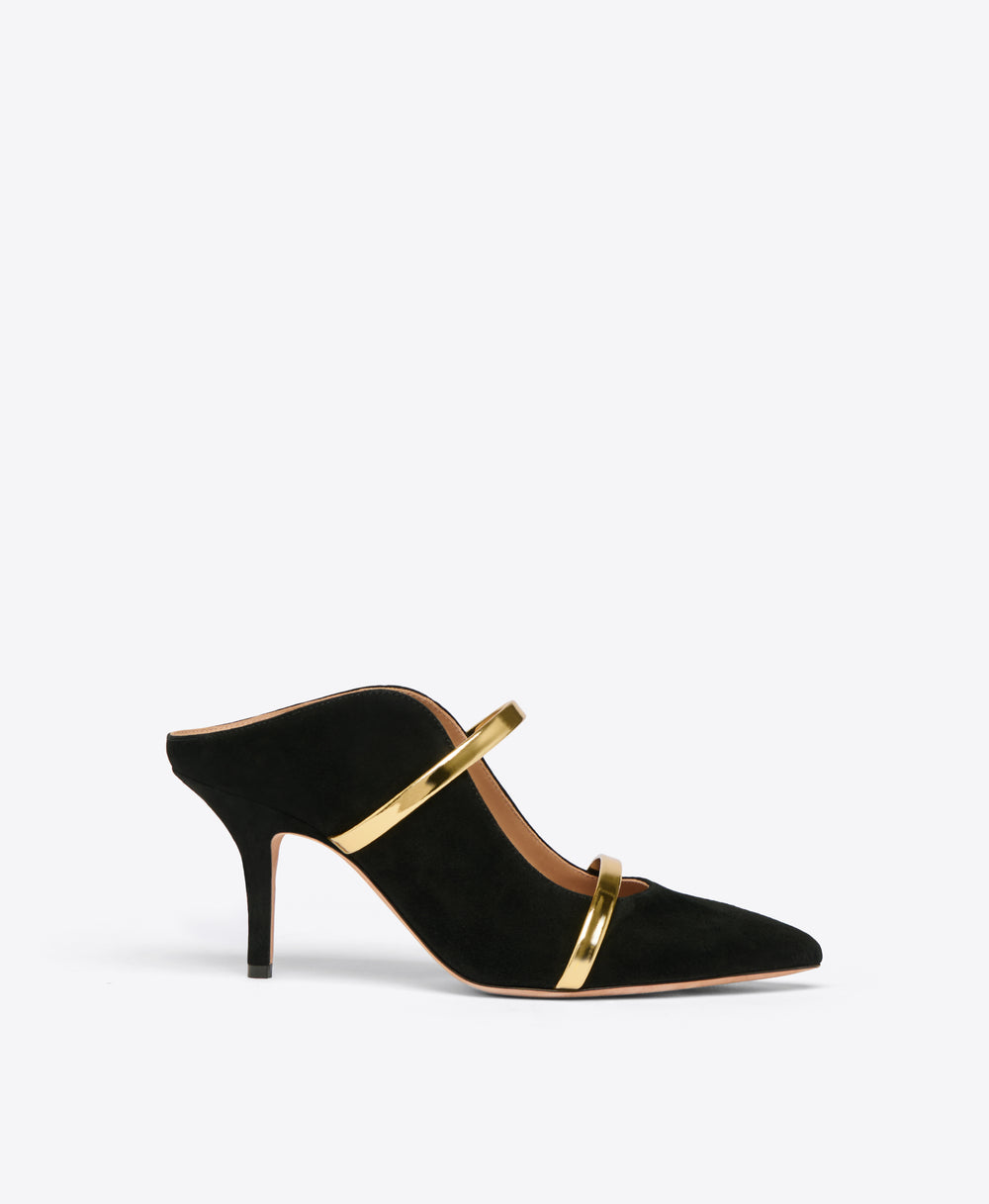 Maureen 70 Black Suede Mules with Gold Straps Malone Souliers