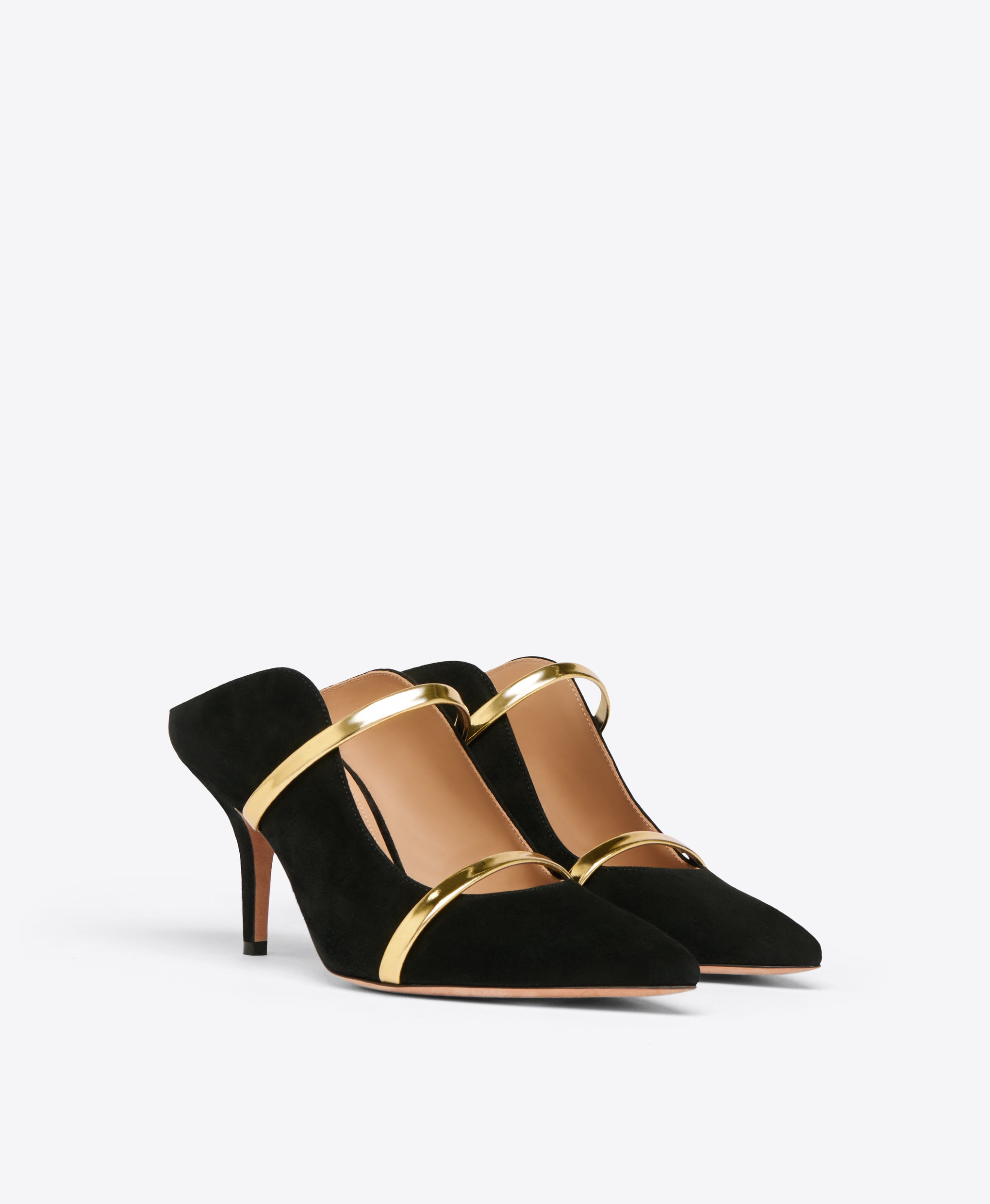 Maureen 70 Black Suede Mules with Gold Straps Malone Souliers