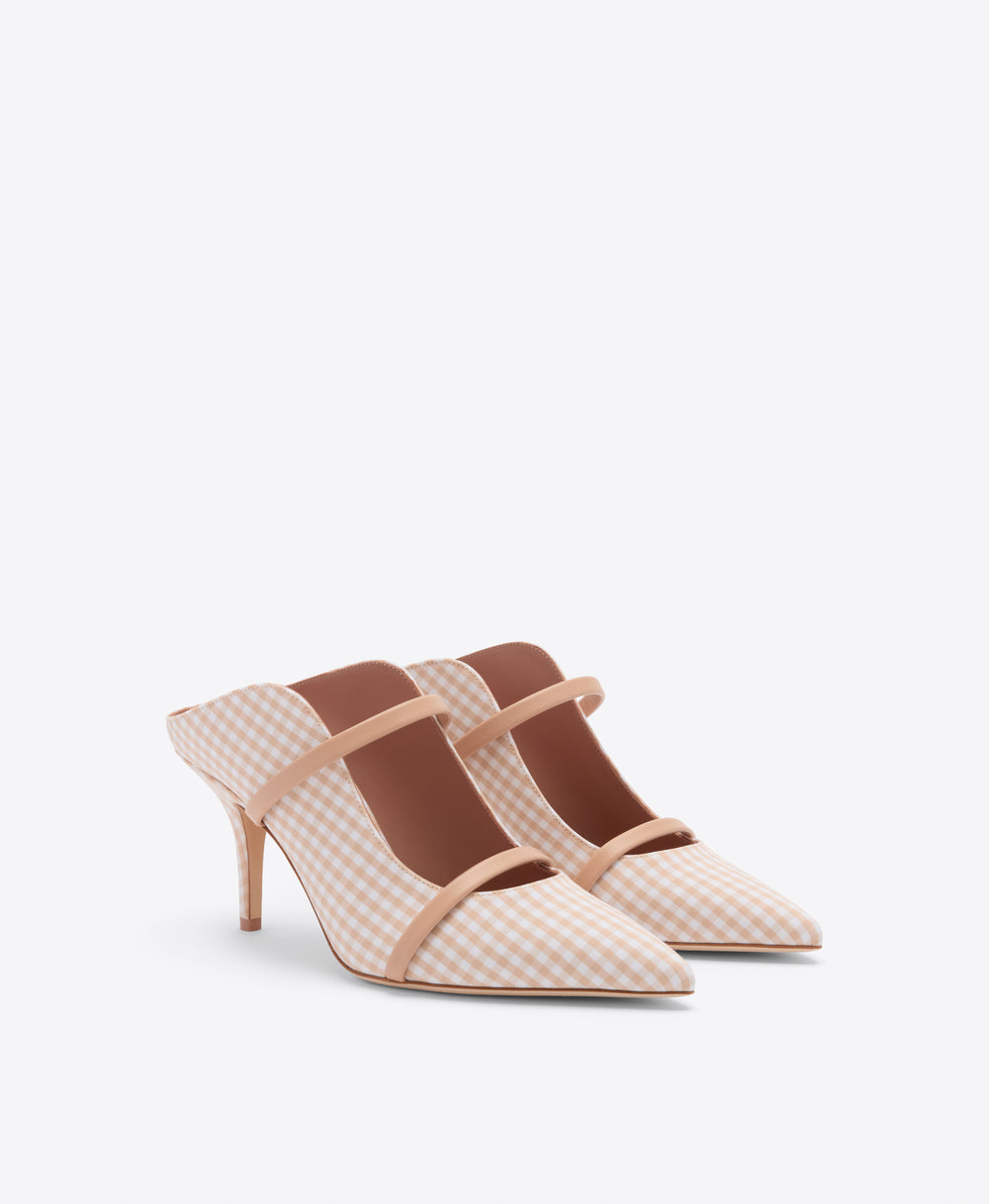 Maureen 70 Beige Gingham Heeled Mules Malone Souliers