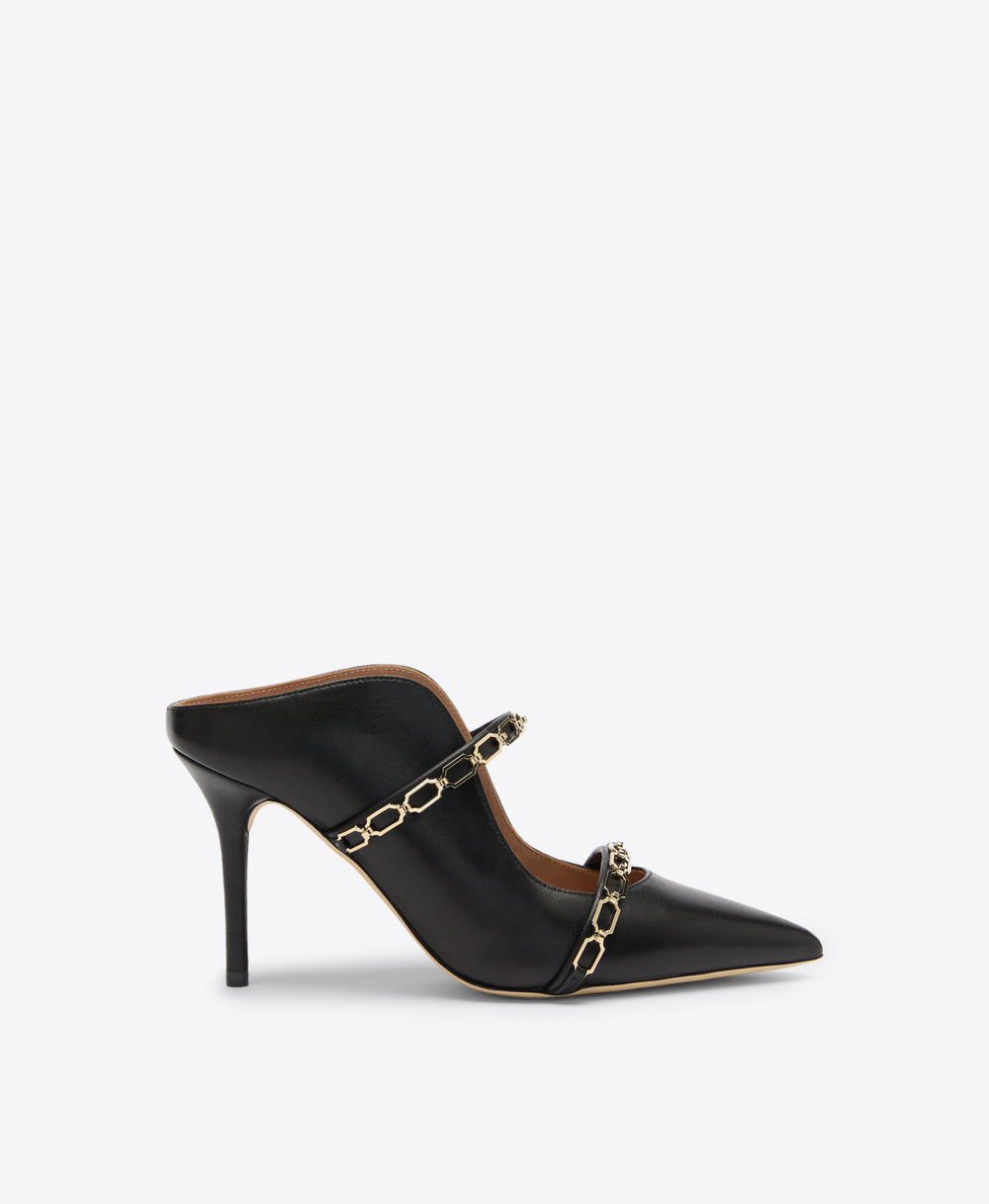 Maureen 85 Black Mules with Gold Chain Detail Malone Souliers