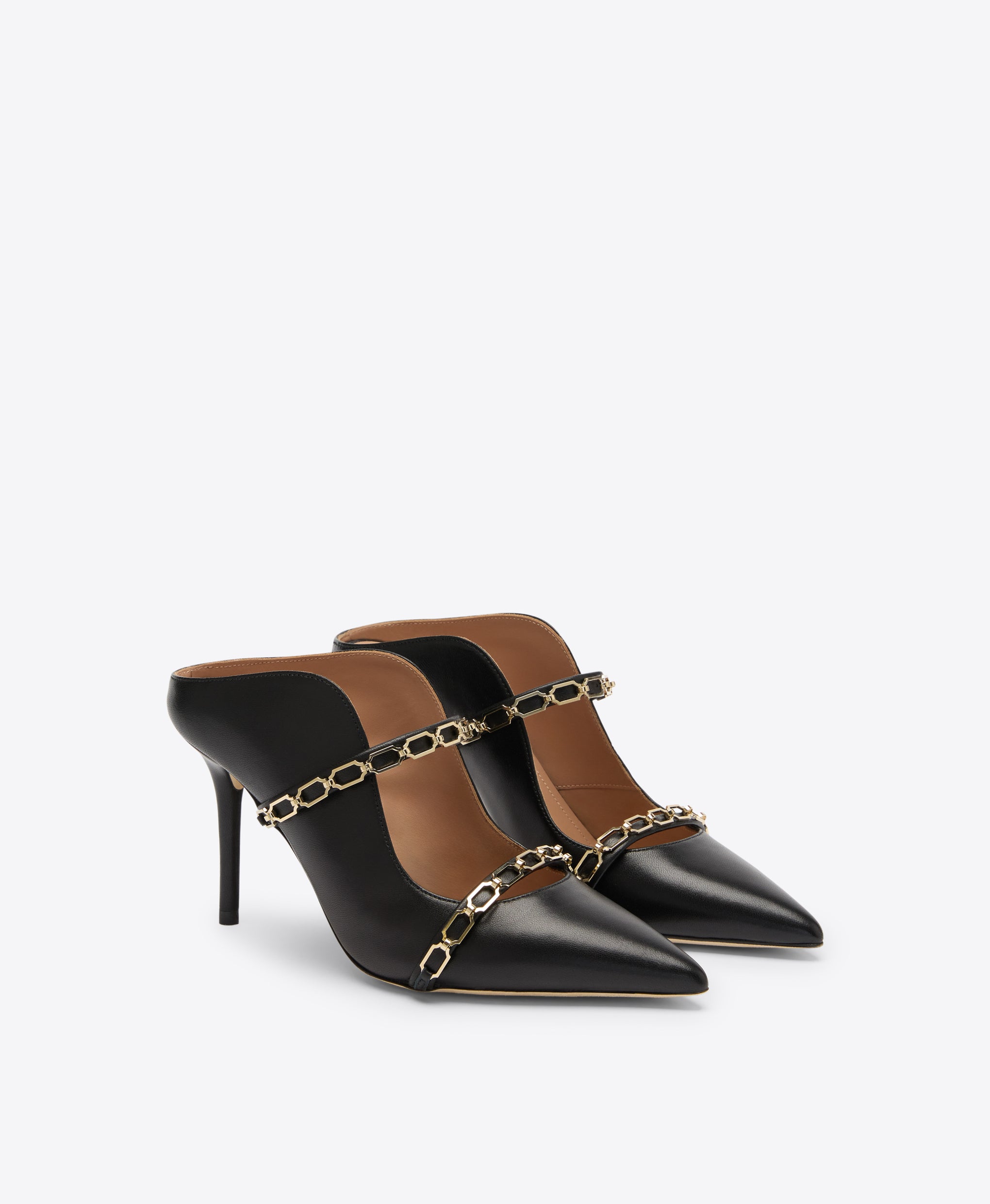 Maureen 85 Black Mules with Gold Chain Detail Malone Souliers