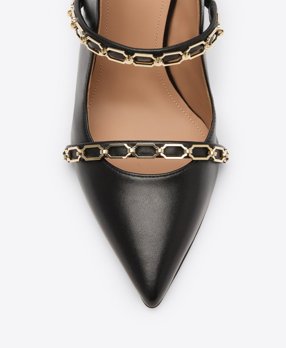 Maureen 85 Black Mules with Gold Chain Detail Malone Souliers