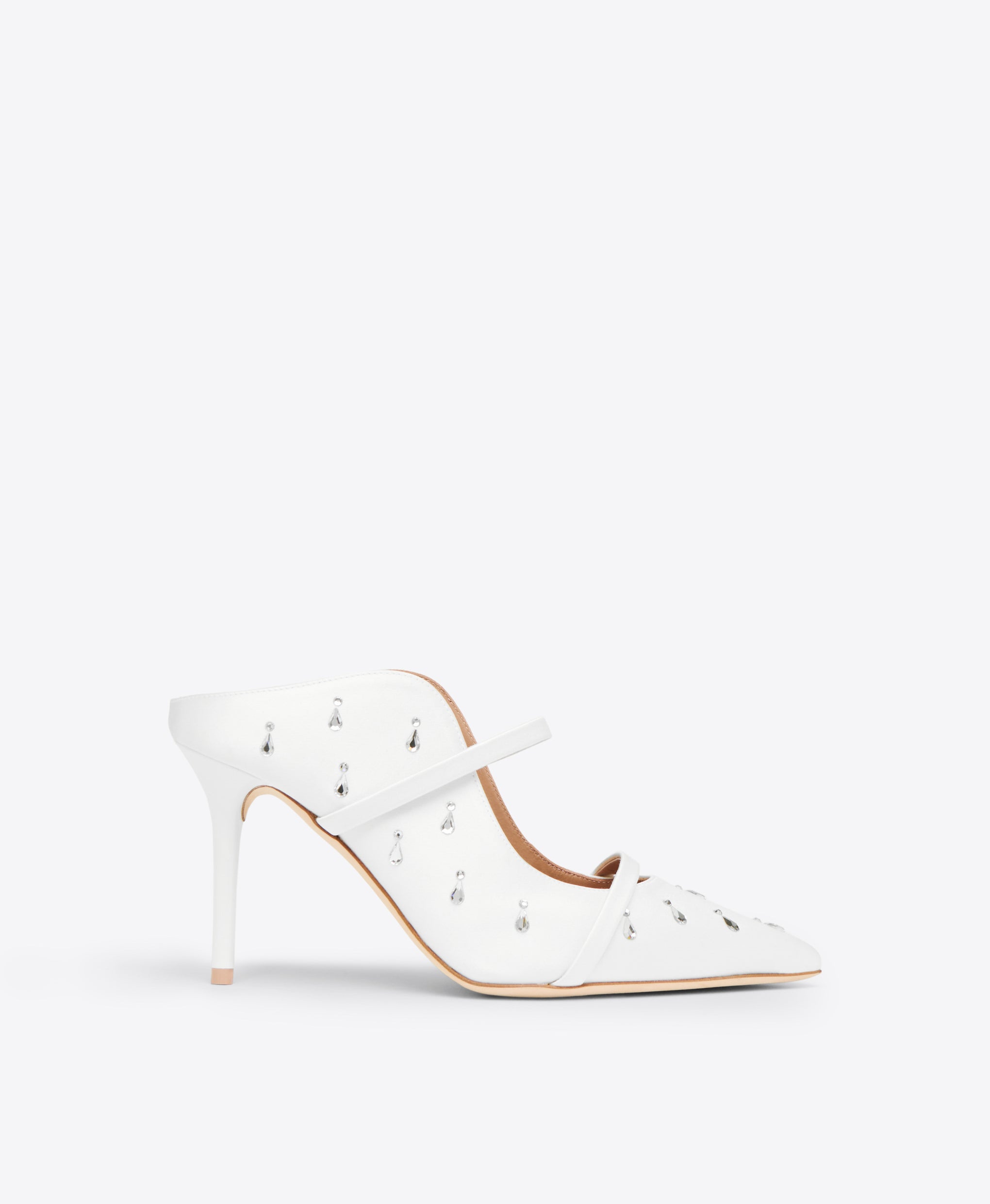 White Satin Crystal Embellished Heeled Mules Malone Souliers