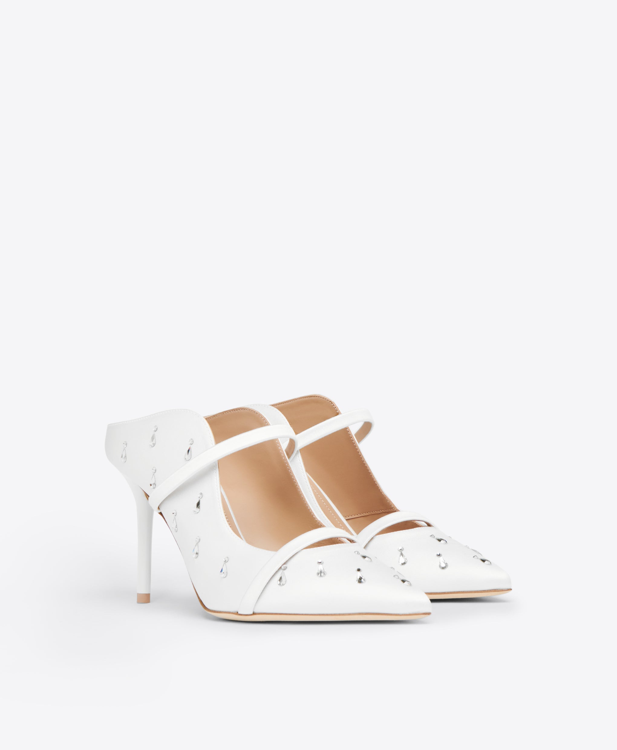 White Satin Crystal Embellished Heeled Mules Malone Souliers