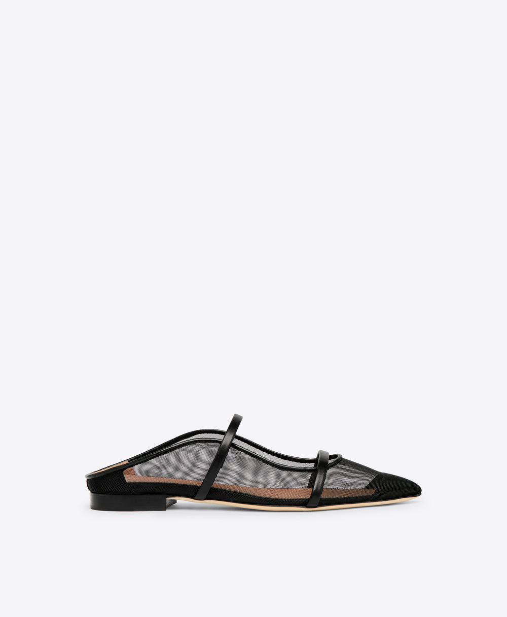 Maureen Black Mesh Pointed Toe Flats with Straps Malone Souliers