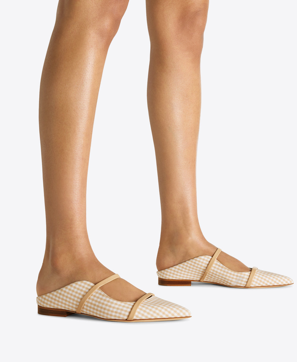 Maureen Beige Gingham Flat Mules Malone Souliers