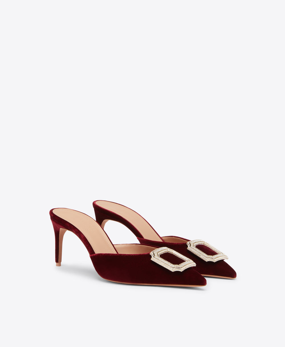 Mona 70 Red Velvet Mules with Crystal Crest Malone Souliers