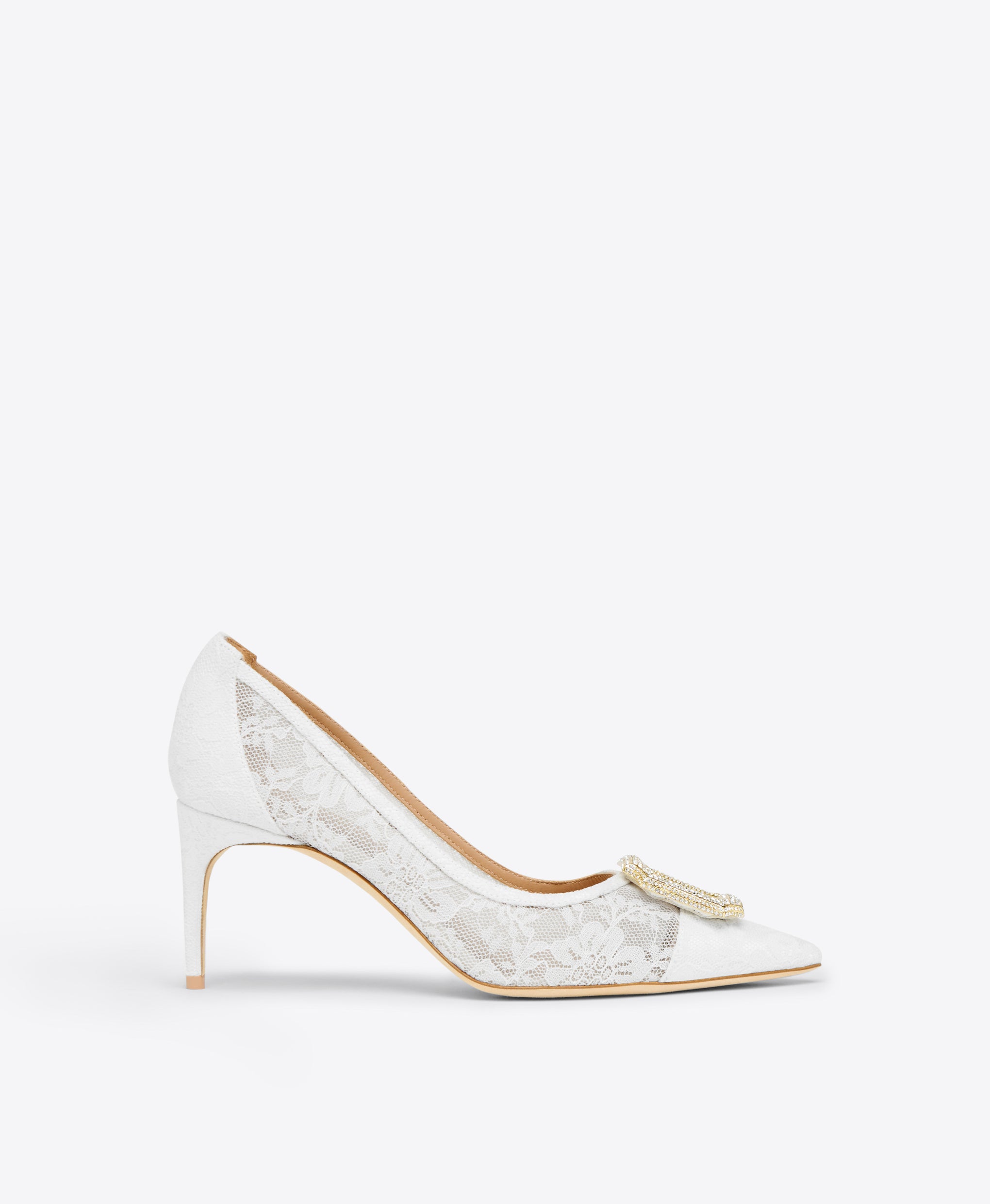 White Lace Mesh Heeled Pumps with an embellished crest Malone Souliers