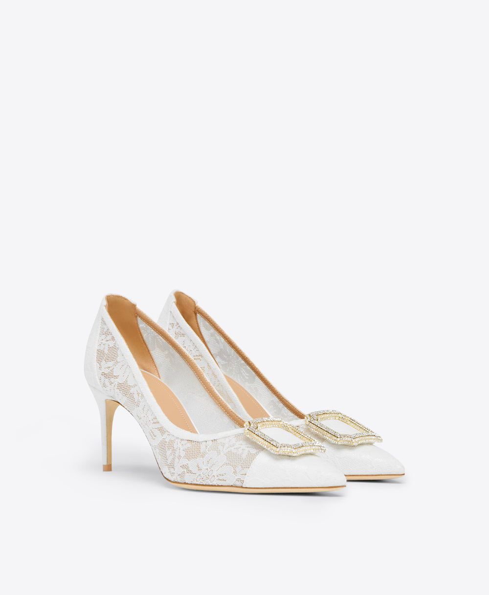 White Lace Mesh Heeled Pumps with an embellished crest Malone Souliers