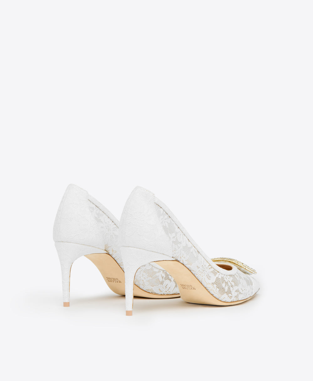 White Lace Mesh Heeled Pumps with an embellished crest Malone Souliers