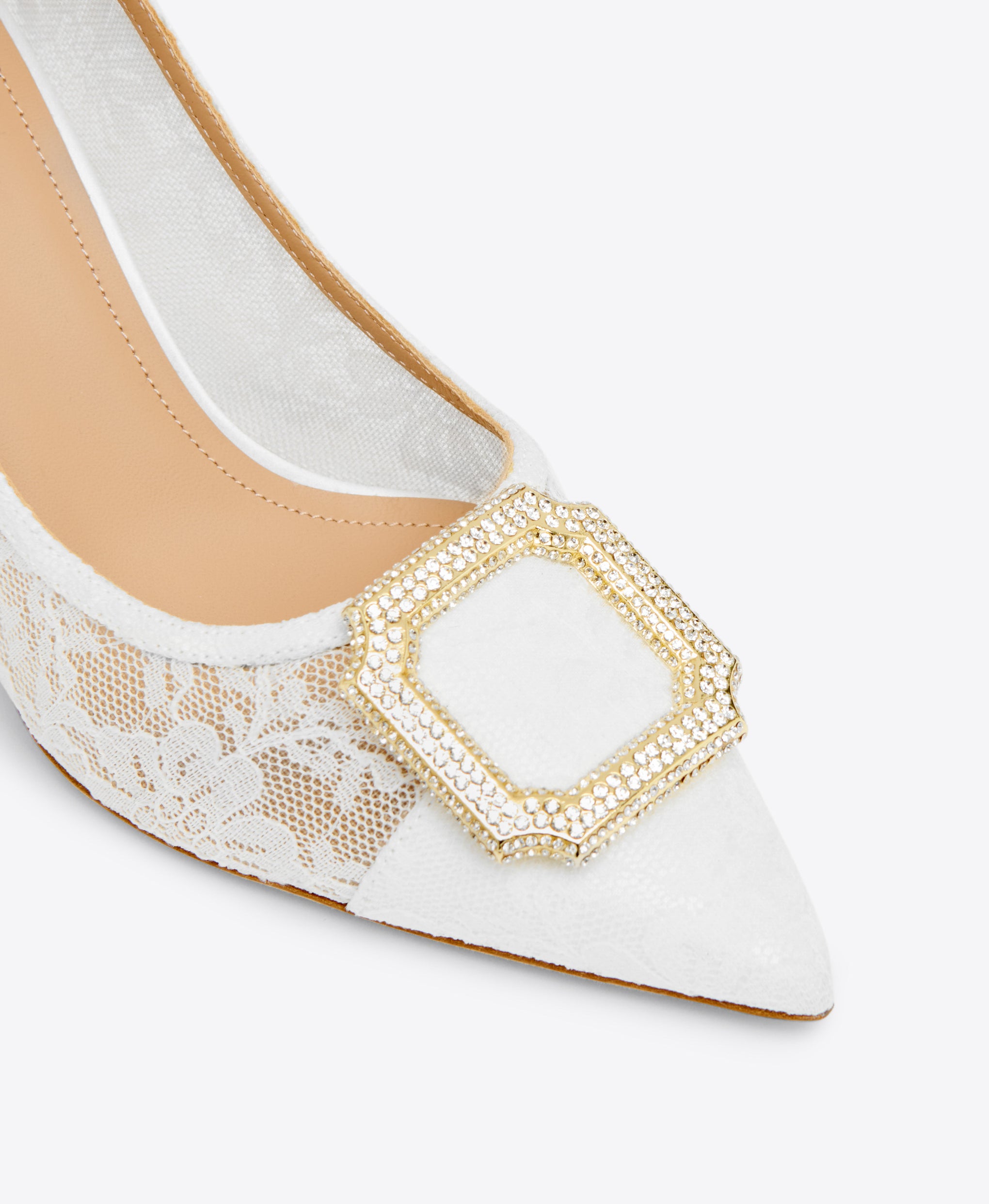 White Lace Mesh Heeled Pumps with an embellished crest Malone Souliers