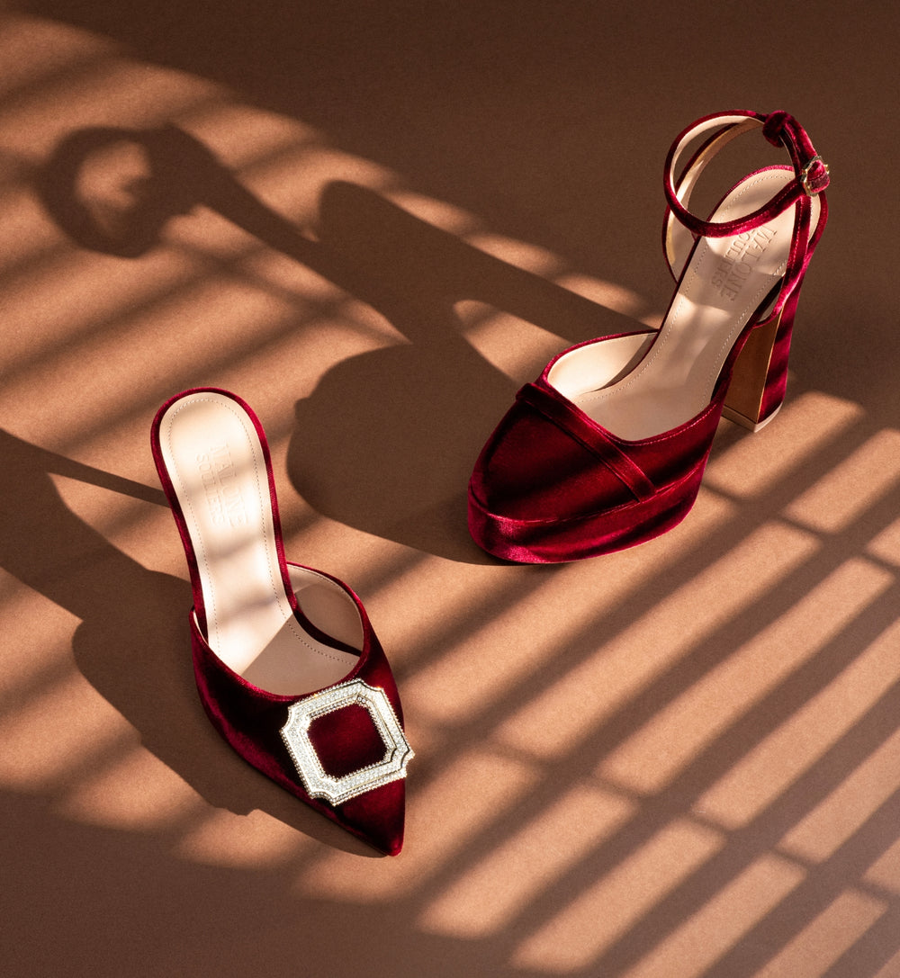 Women's Red Velvet Heeled Mules with an Embellished Crest with a Red Velvet Platform Slingback Malone Souliers