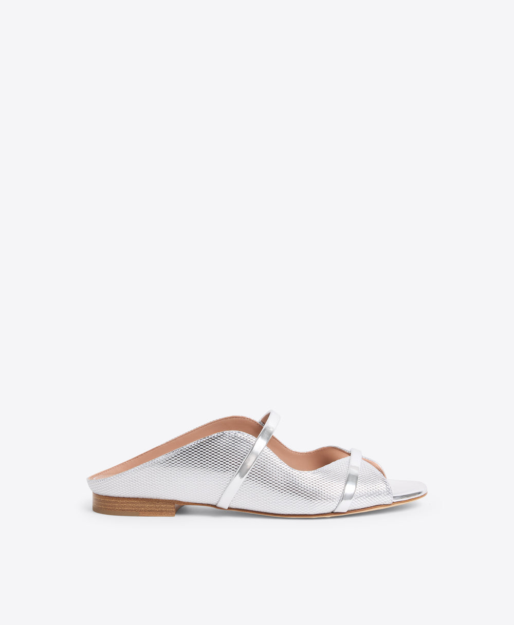 Norah Silver Embossed Leather Flat Sandal Malone Souliers