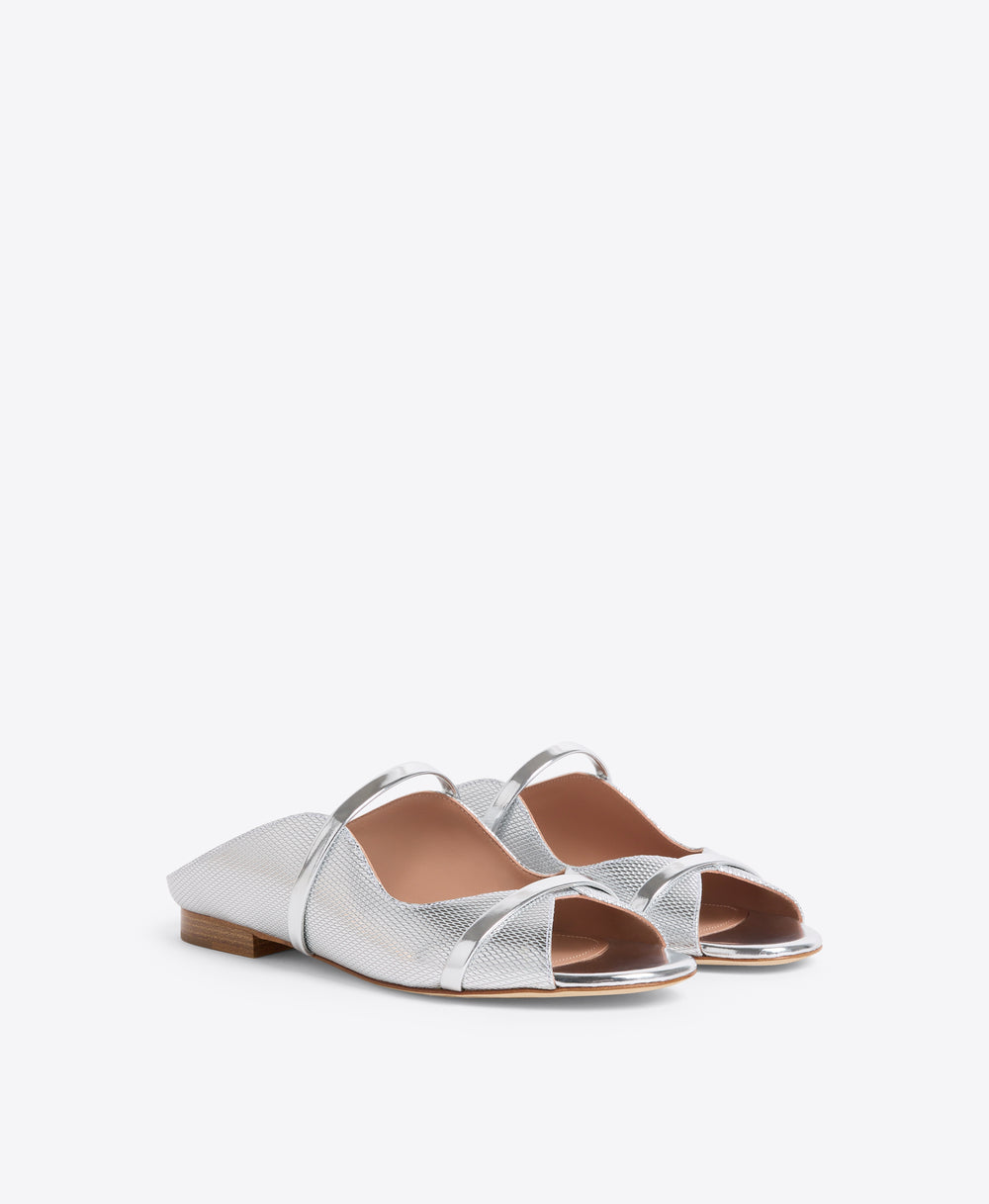 Norah Silver Embossed Leather Flat Sandal Malone Souliers