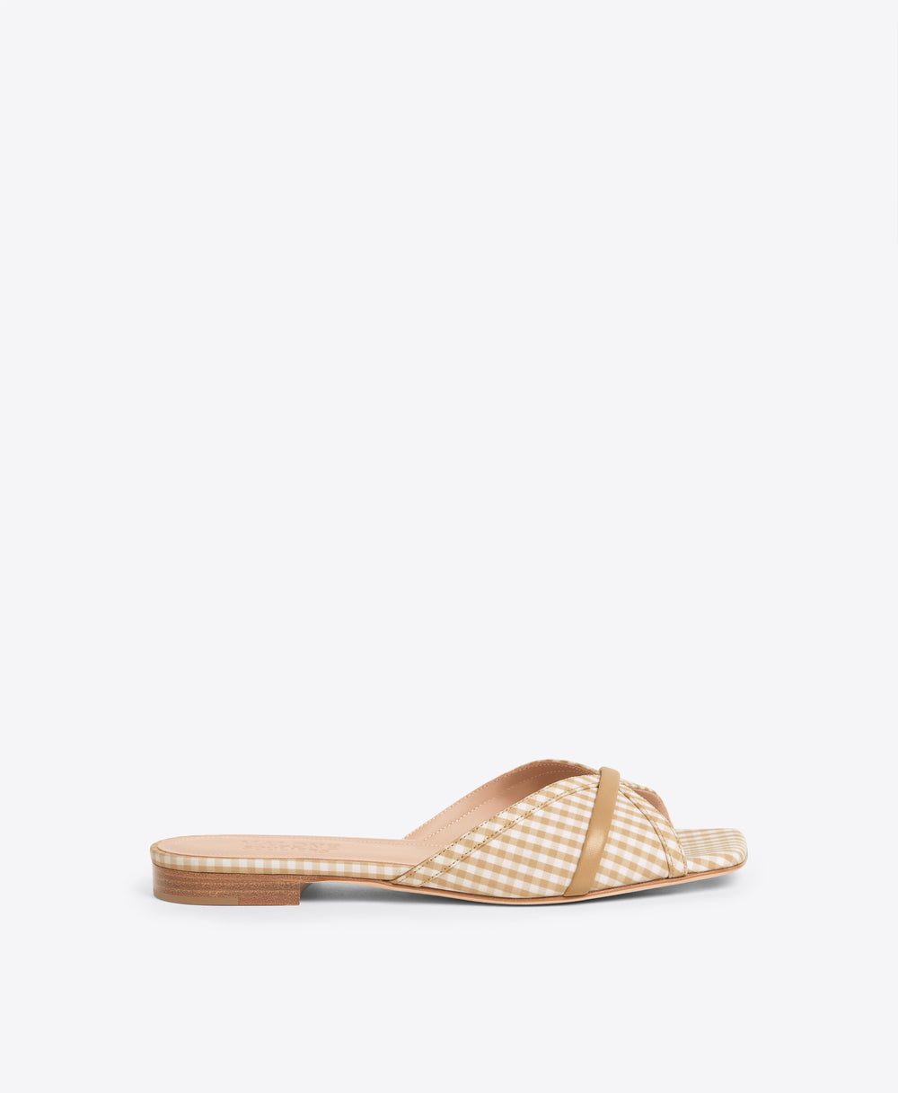 Perla Beige Gingham Flat Sandals Malone Souliers