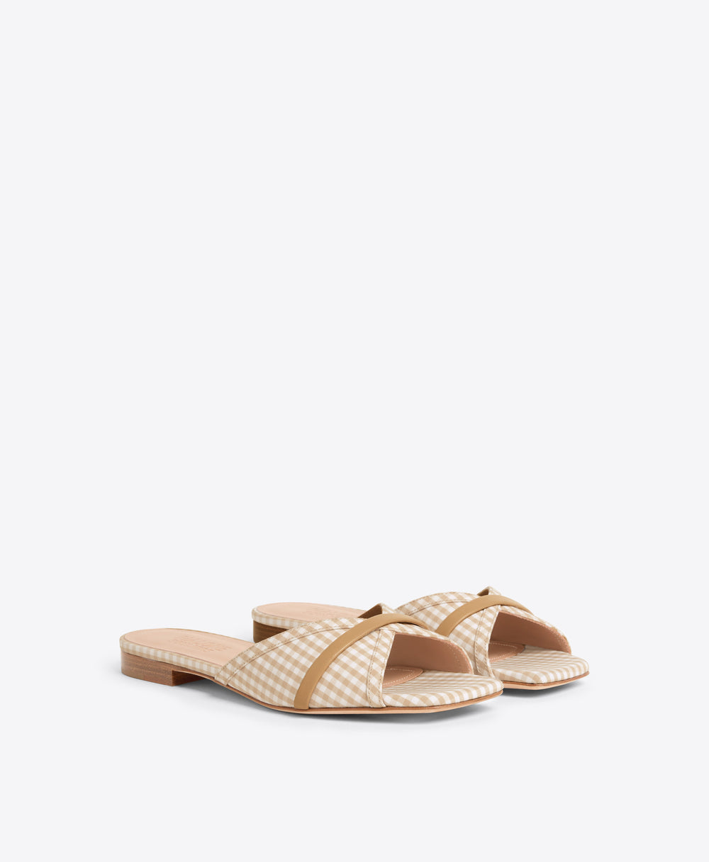 Perla Beige Gingham Flat Sandals Malone Souliers