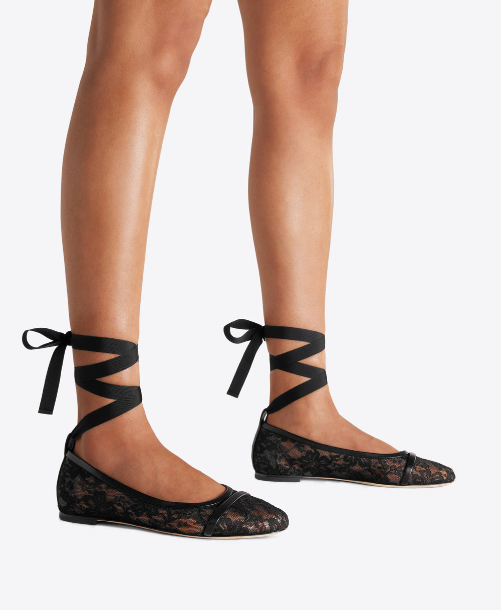 Black Lace Mesh Flat Pumps with Ribbons Malone Souliers