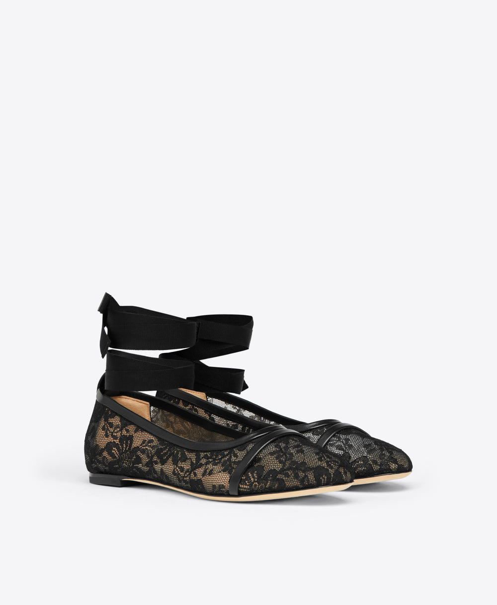 Black Lace Mesh Flat Pumps with Ribbons Malone Souliers