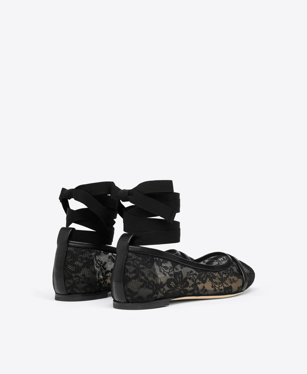 Black Lace Mesh Flat Pumps with Ribbons Malone Souliers