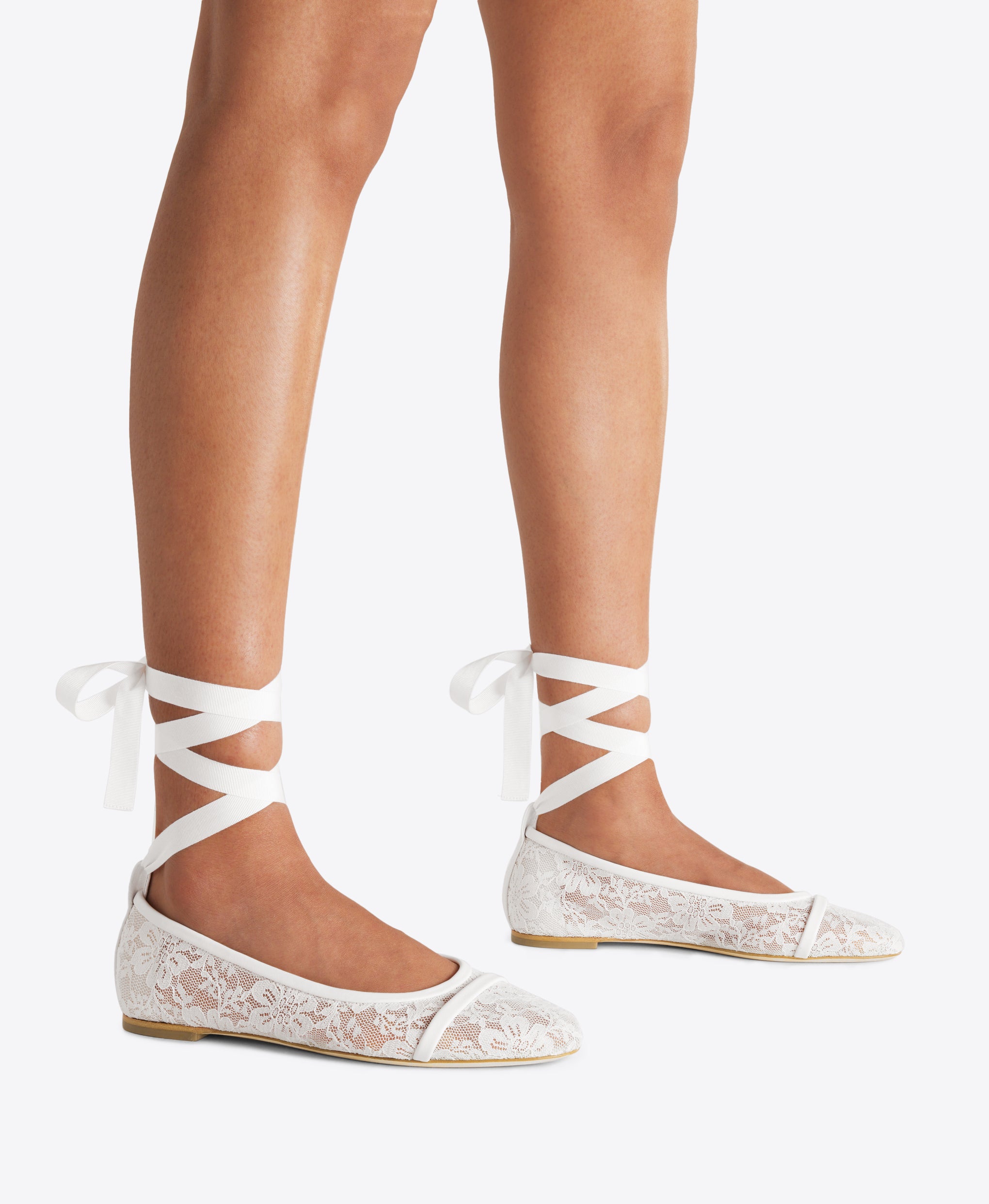 White Lace Mesh Flat Pumps with Ribbons Malone Souliers