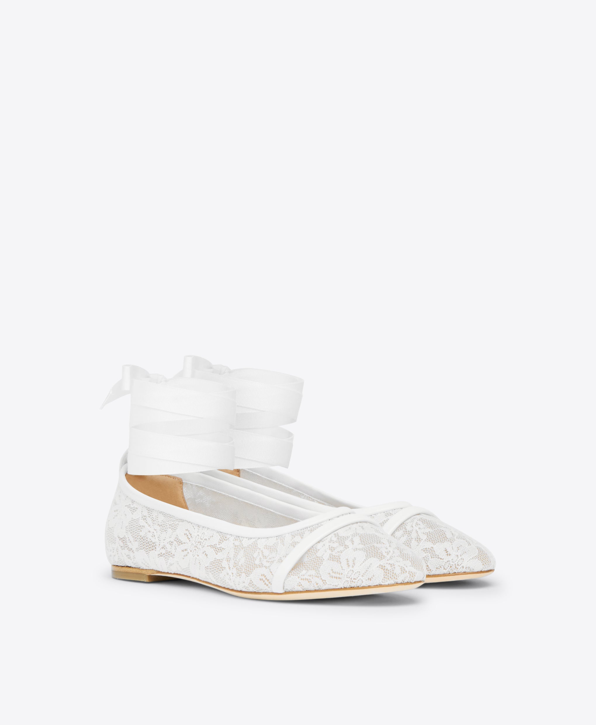 White Lace Mesh Flat Pumps with Ribbons Malone Souliers