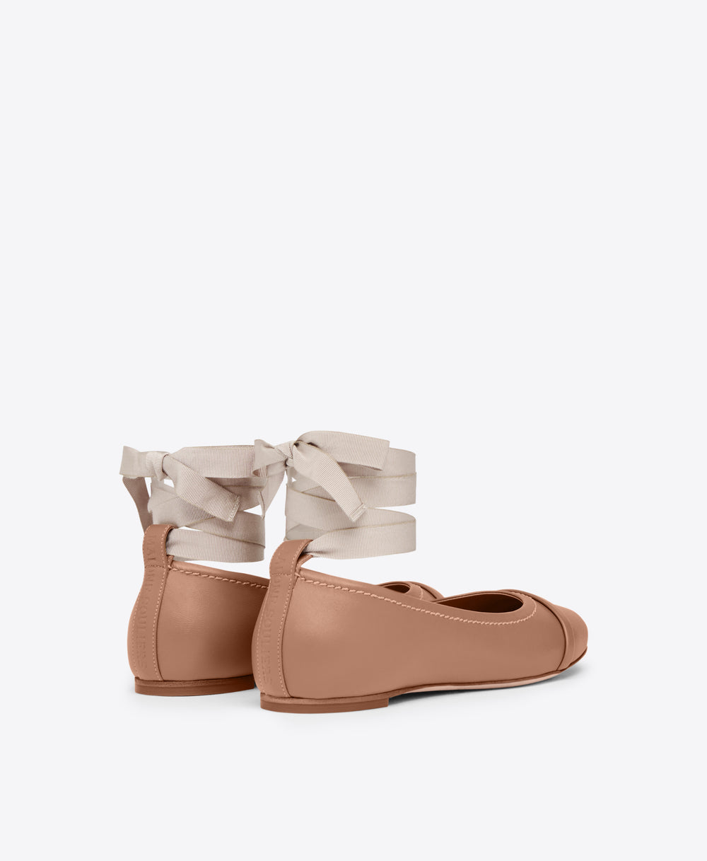 Blush Leather Flat Pumps with Ribbons Malone Souliers