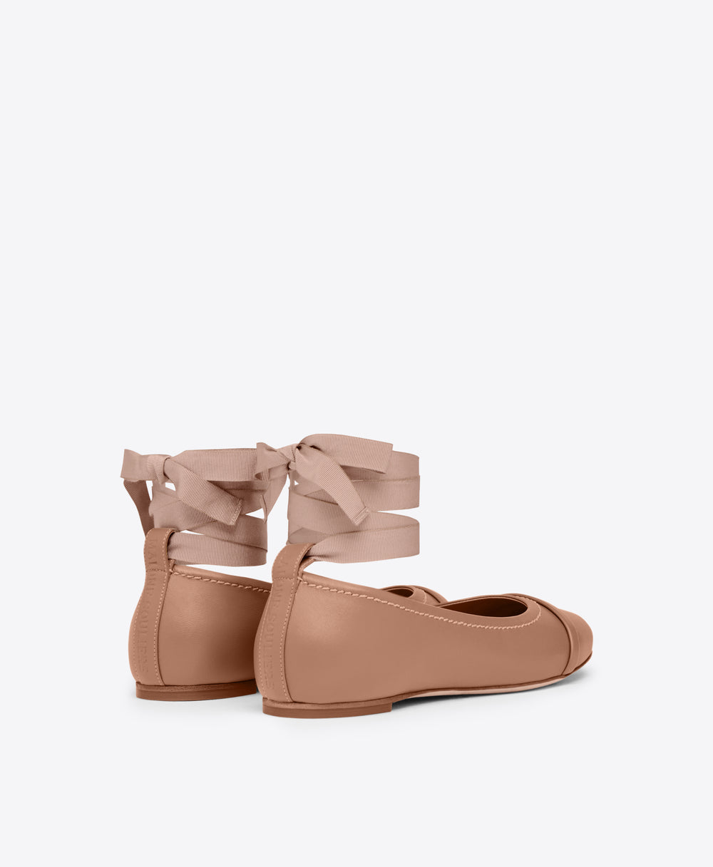 Blush Leather Flat Pumps with Ribbons Malone Souliers