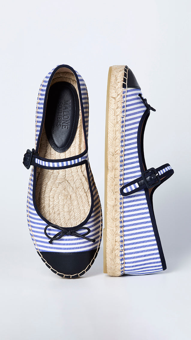 Women's Navy Striped Cotton Flat Pumps Malone Souliers