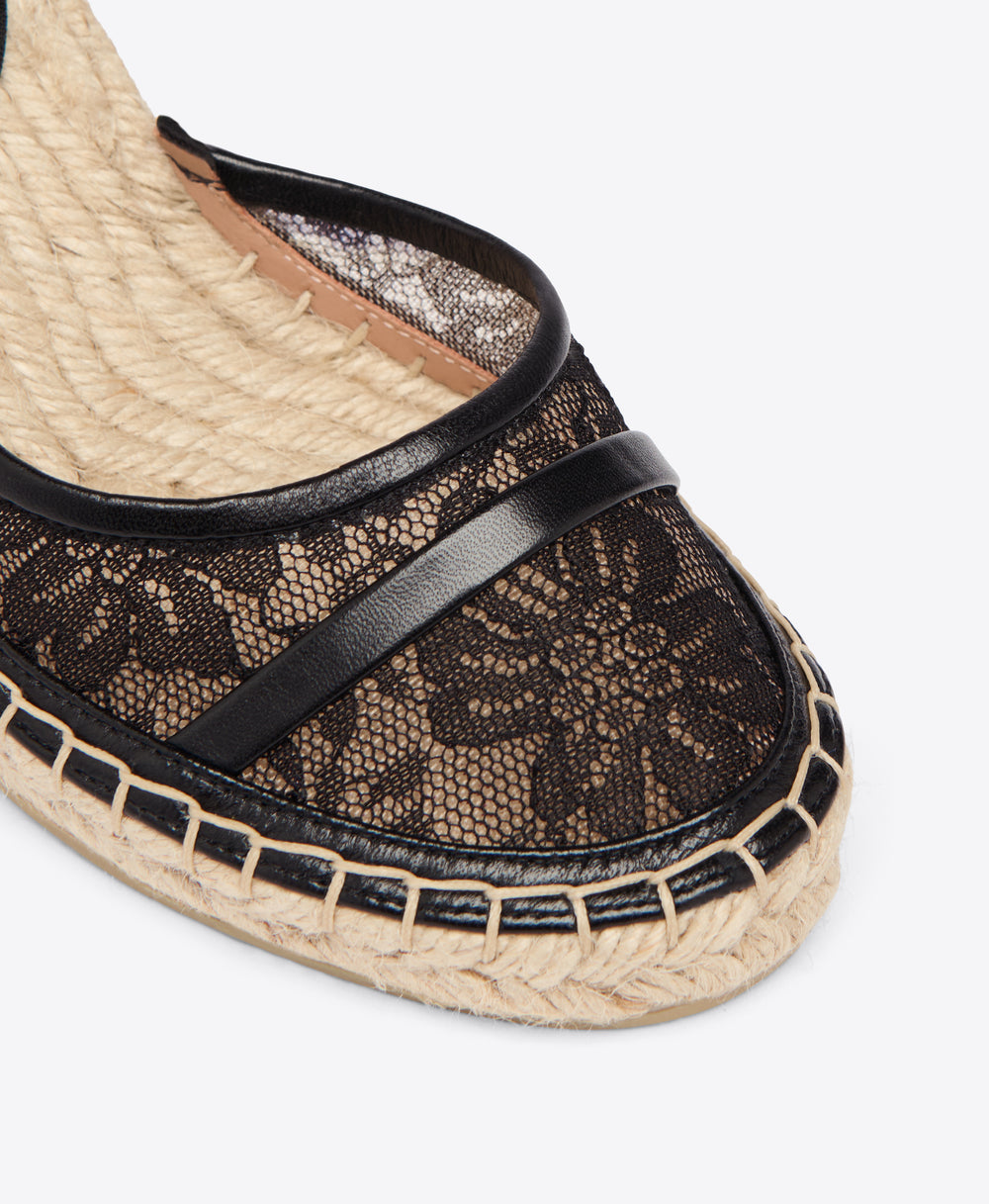 Black Lace Mesh Wedge with Ribbons Malone Souliers