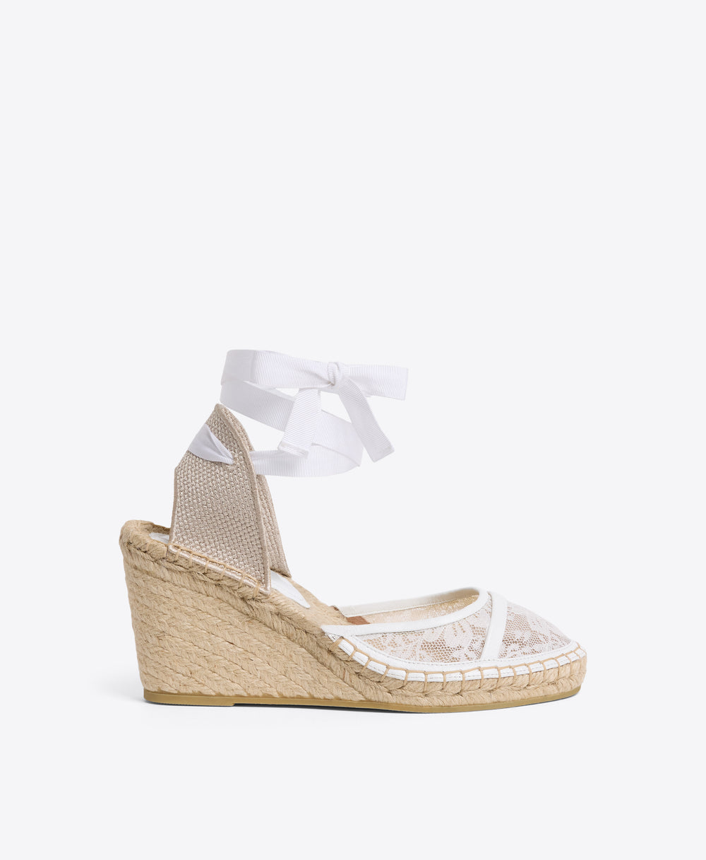 White Lace Mesh Wedge with Ribbons Malone Souliers