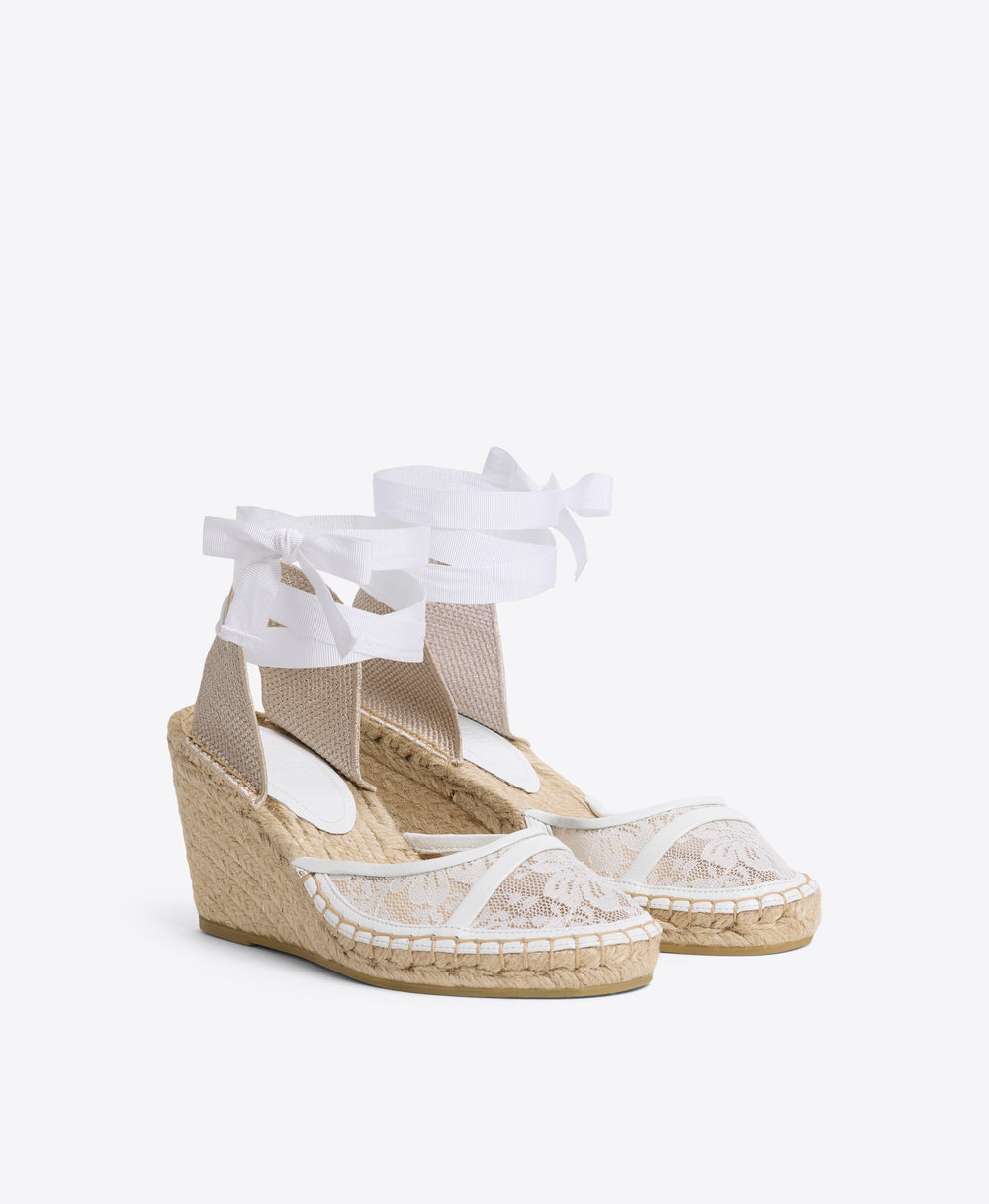 White Lace Mesh Wedge with Ribbons Malone Souliers