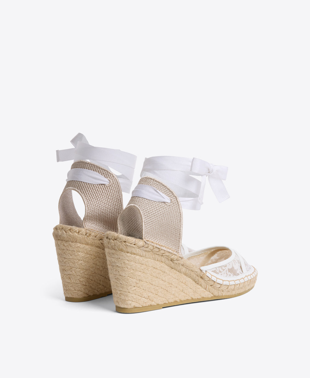 White Lace Mesh Wedge with Ribbons Malone Souliers