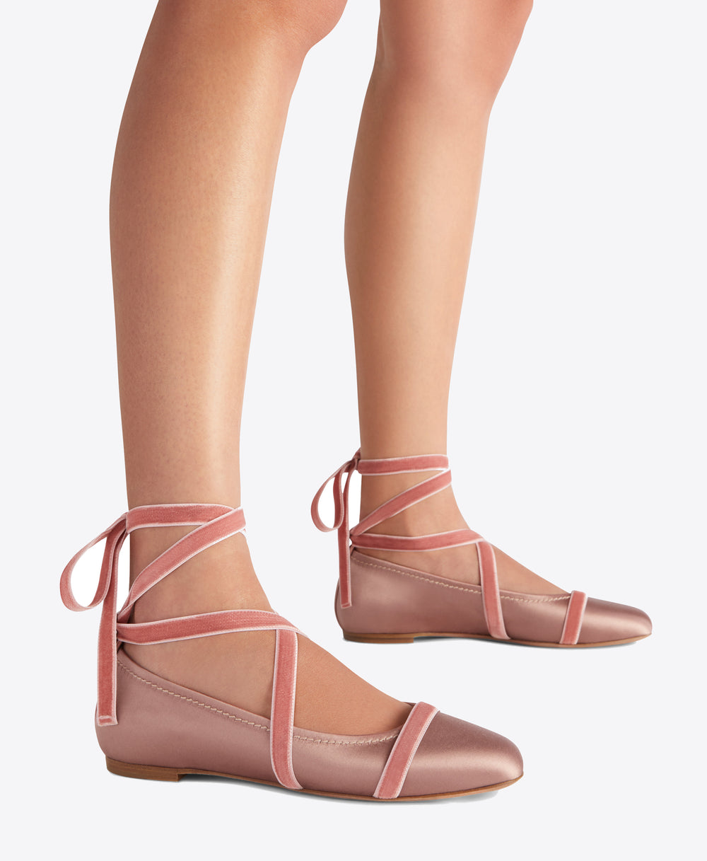 Spencer Flats in Mauve Satin with Velvet Ribbons Malone Souliers