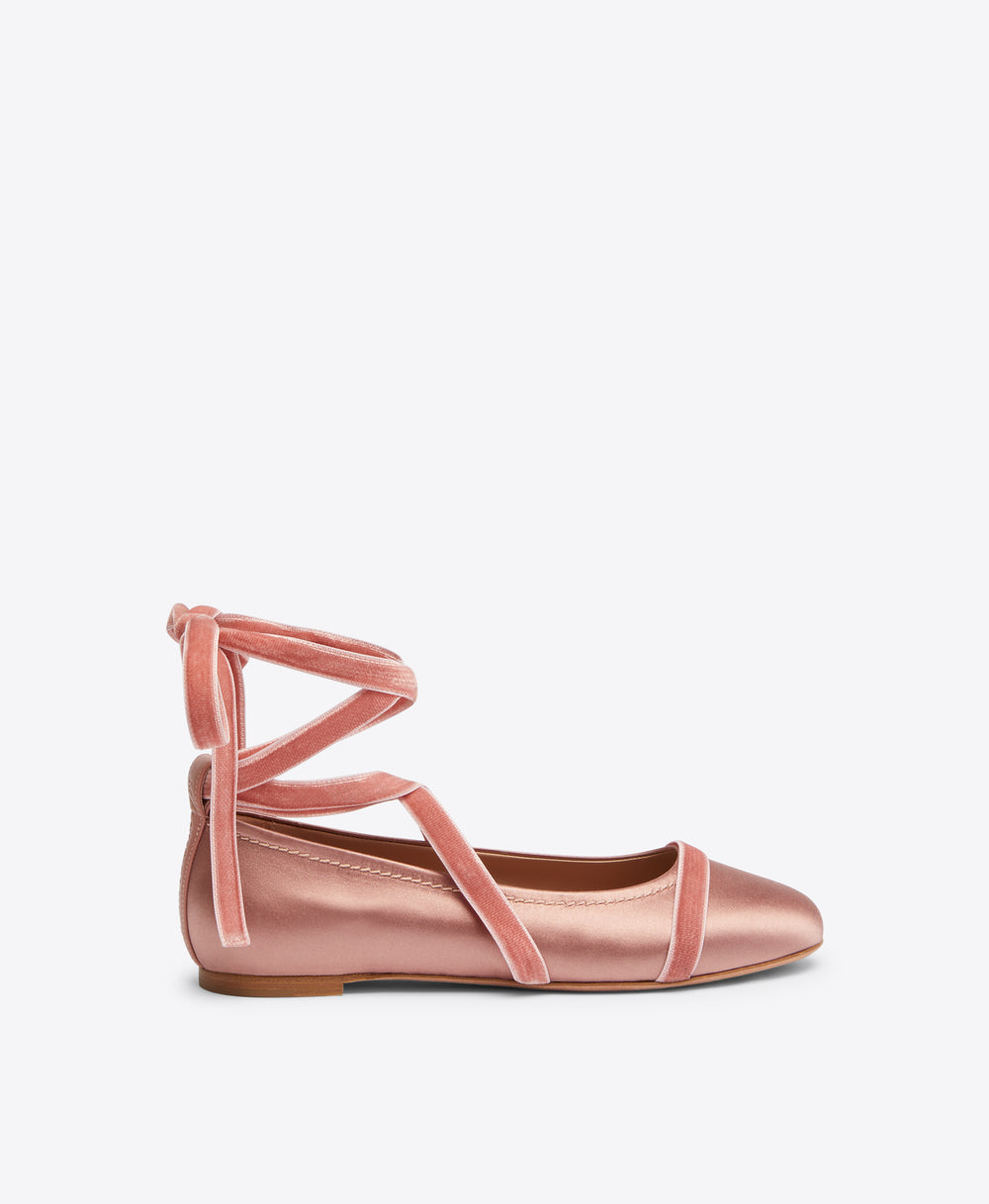 Spencer Flats in Mauve Satin with Velvet Ribbons Malone Souliers