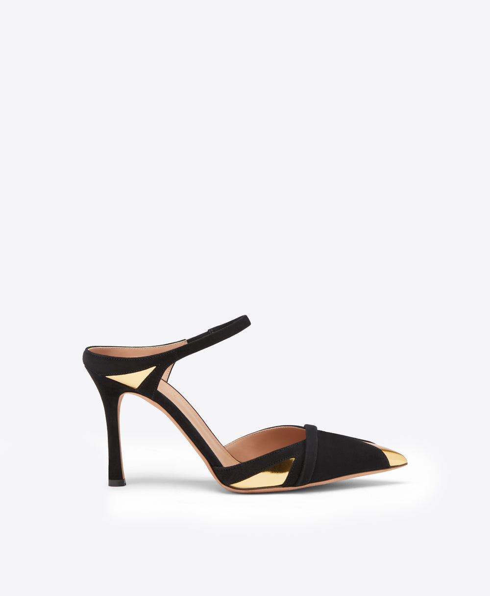 Uma 90 Black Suede Mules with Gold Leather Detail Malone Souliers
