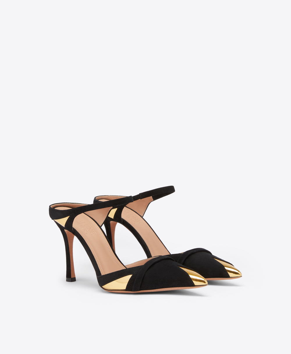 Uma 90 Black Suede Mules with Gold Leather Detail Malone Souliers